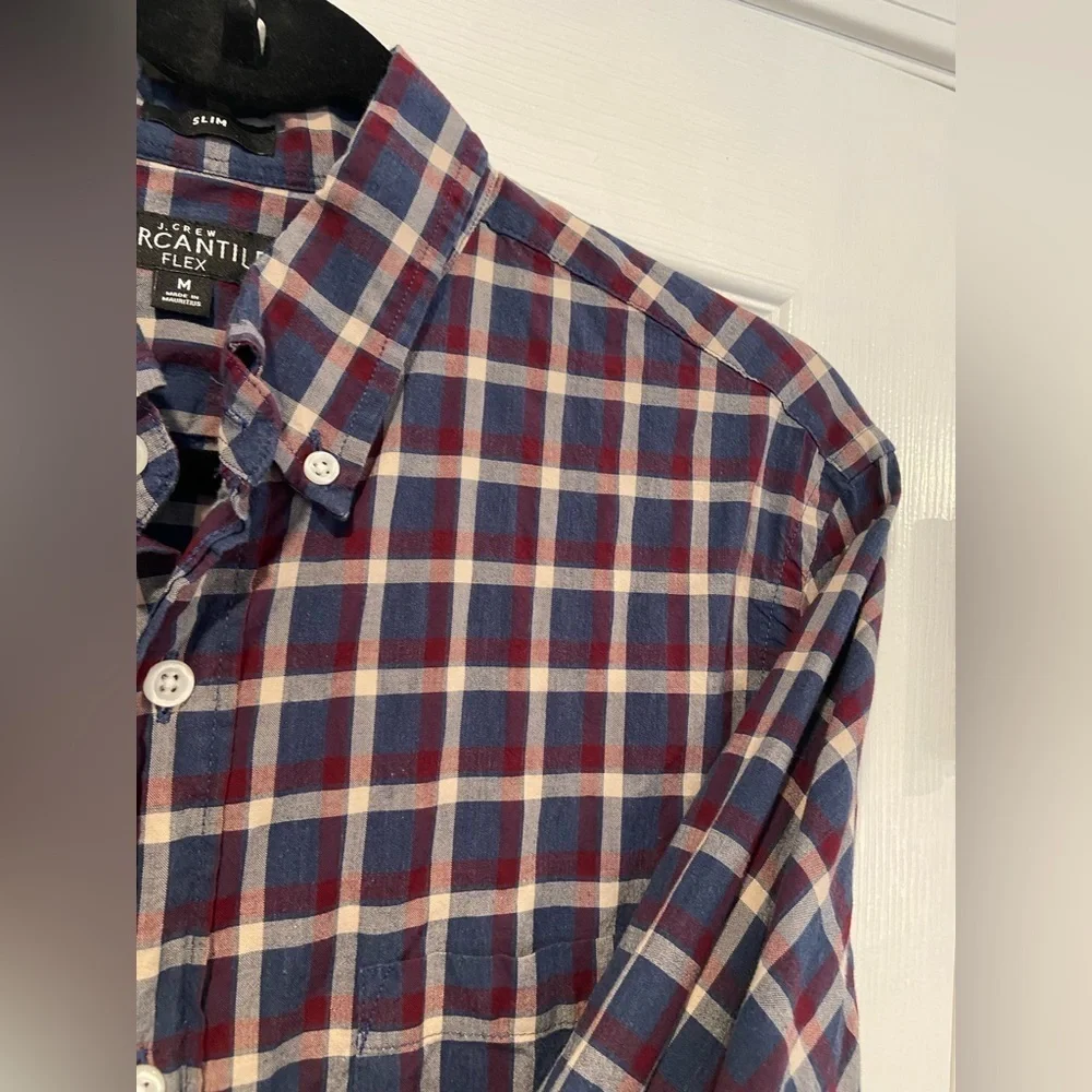 J. Crew Mens Size M Blue Burgundy Plaid Cotton Flex Slim Button Down Shirt
